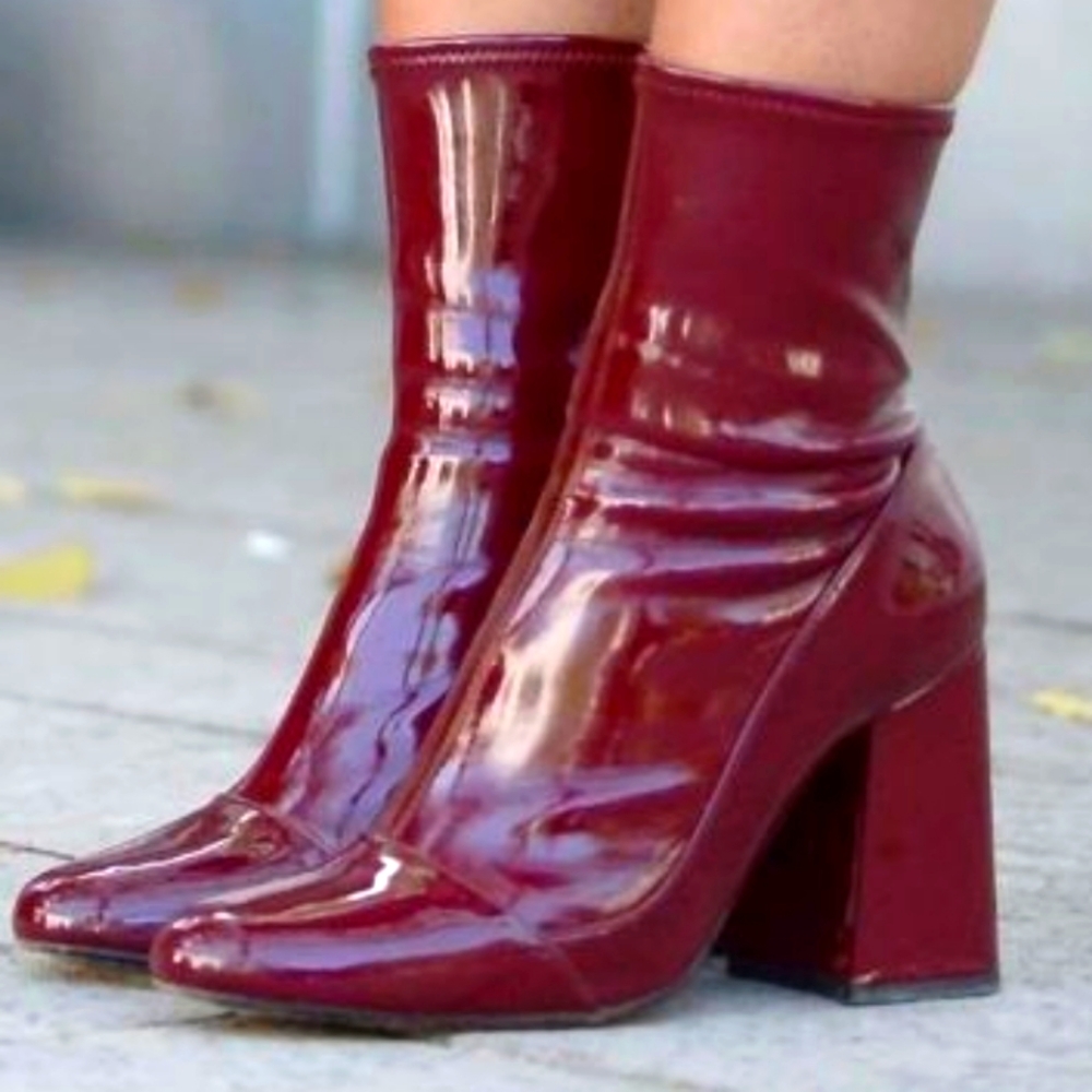Women's Burgundy Patent Block Heel Ankle Boots